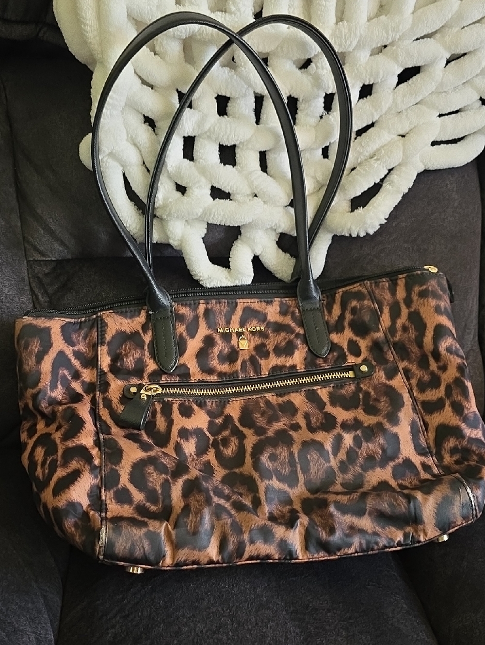 Michael Kors Leopard-Print Tote in Brown/Black w/Gold Hardware Needs Zipper Pull